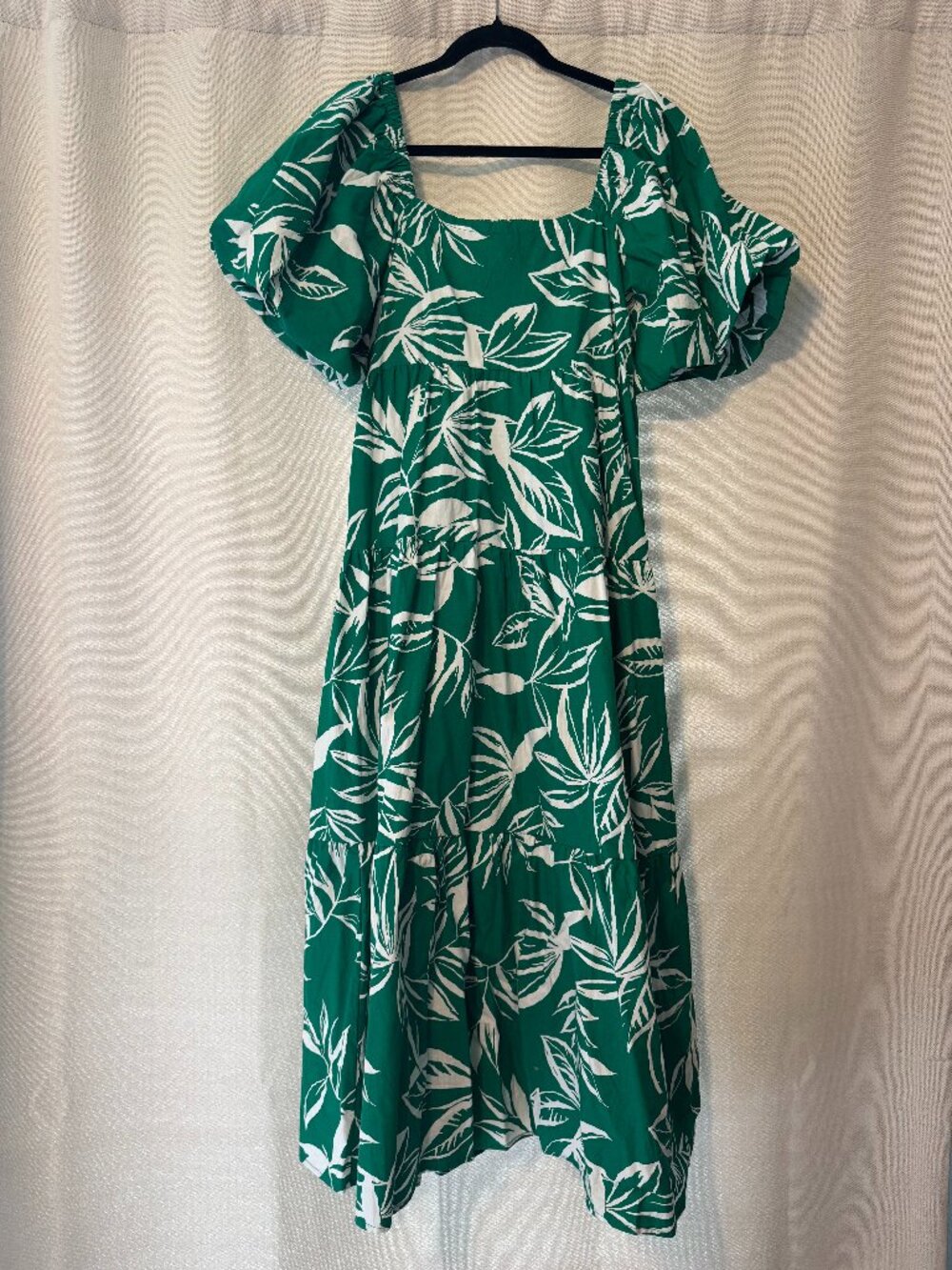 Petite Large J Gee Green Leaf Midi Dress Puff Sleeves Smocked Back